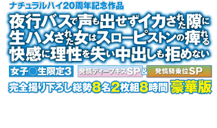 ナチュラルハイ20周年記念作品 夜行バスで声も出せずイカされた隙に生ハメされた女はスローピストンの痺れる快感に理性を失い中出しも拒めない 女子○生限定3 発情ディープキスSP＆発情騎乗位SP 完全撮り下ろし総勢８名 ２枚組８時間 豪華版